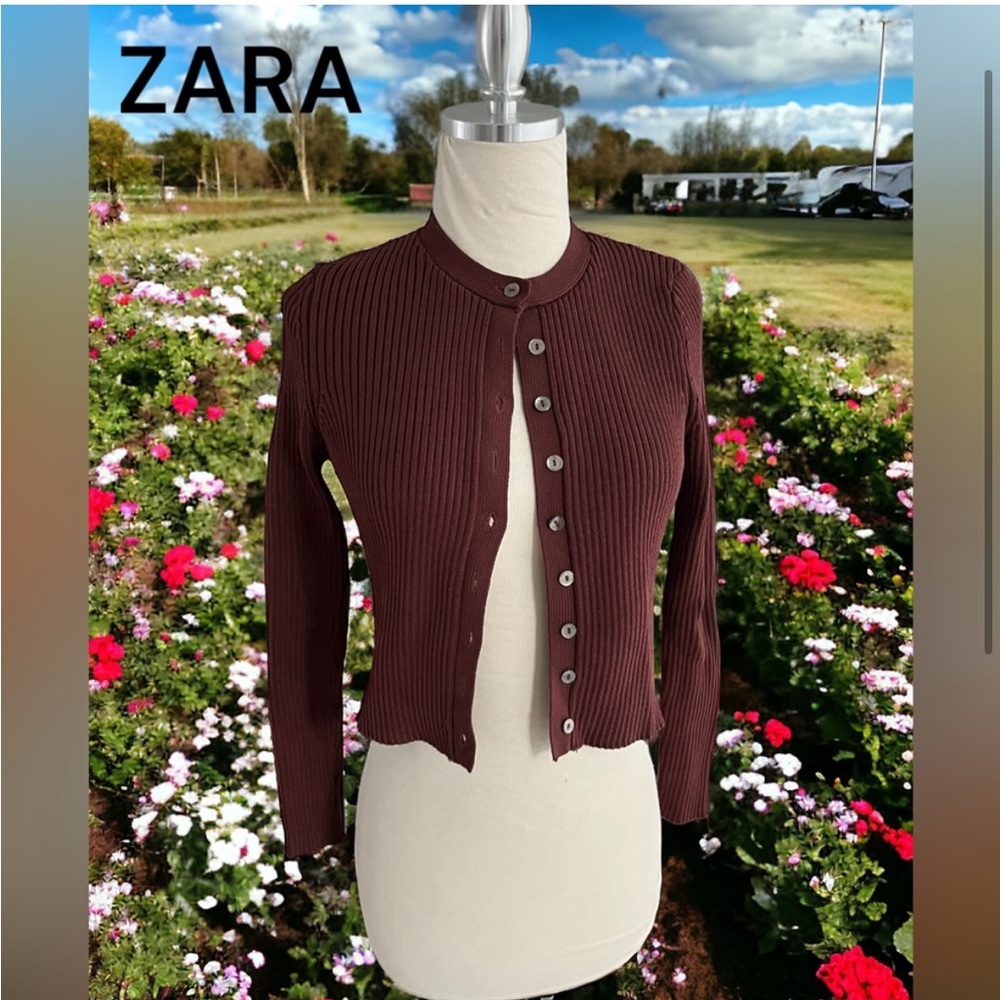 ZARA CARDIGAN SWEATER KNIT BURGUNDY RIBBED TOP M
